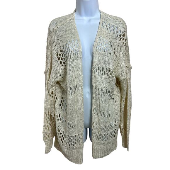 Beige Open Knit Cardigan Sweater Sz Large Long Fit Lightweight Long-Sleeve - Picture 2 of 5